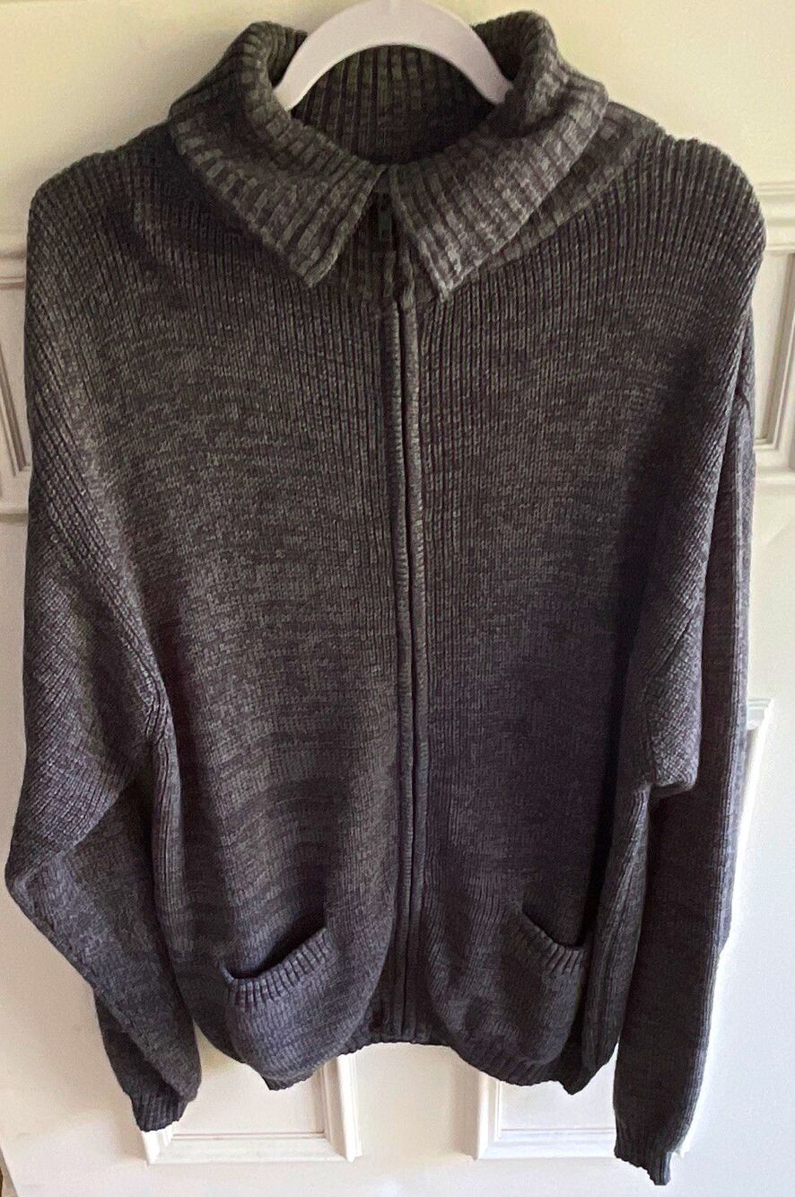 HABAND Men's Gray Solid Knit Full Zip Collared Sweater w/Pockets L